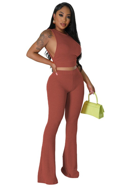 Sleeveless Ribbed Crop Top Fitted Pant Set