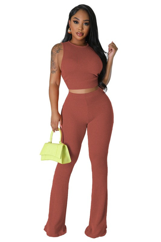 Sleeveless Ribbed Crop Top Fitted Pant Set