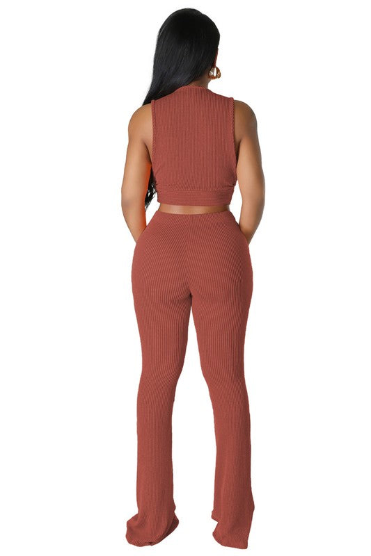 Sleeveless Ribbed Crop Top Fitted Pant Set