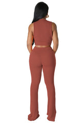 Sleeveless Ribbed Crop Top Fitted Pant Set