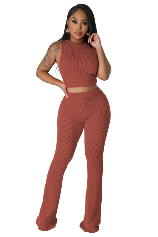 Sleeveless Ribbed Crop Top Fitted Pant Set