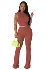 Sleeveless Crop Top with Elastic Drawstring Fitted Pants