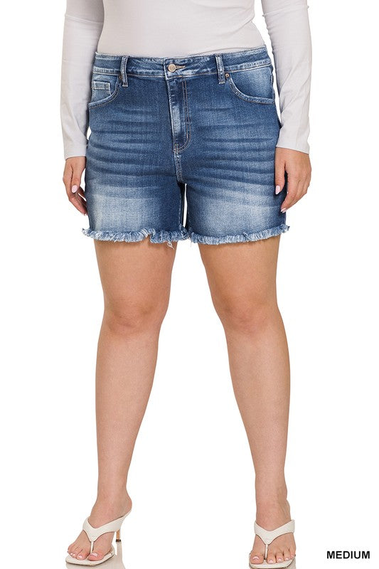 Plus Mid Rise Raw Frayed Hem Denim Shorts