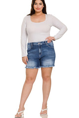 Plus Mid Rise Raw Frayed Hem Denim Shorts