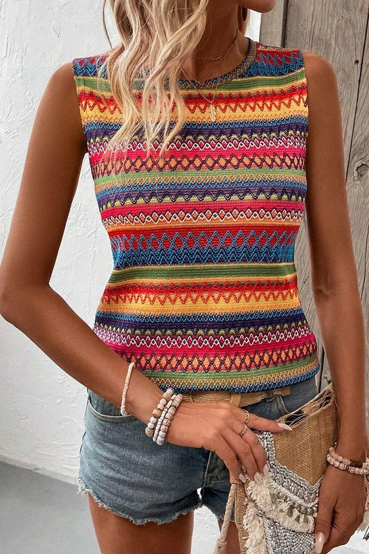 Ethnic Wavy Pattern Round Neck Sleeveless Cami Top