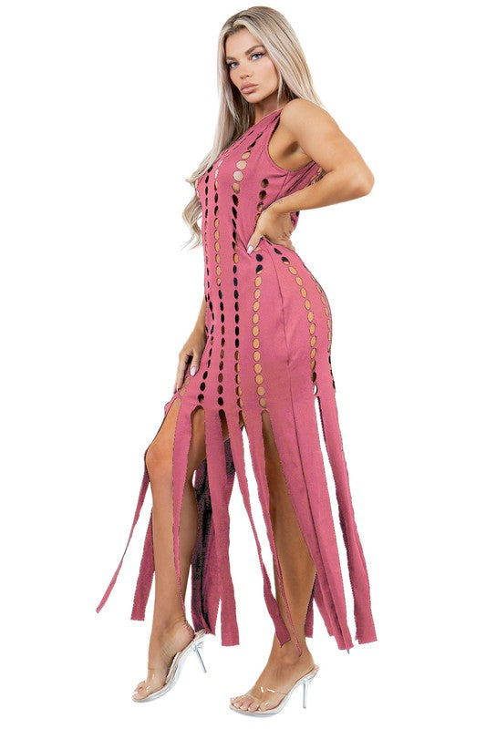 Pink Sleeveless Summer Look Multi-Cut-Off Maxi Dress