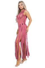 Pink Sleeveless Summer Look Multi-Cut-Off Maxi Dress