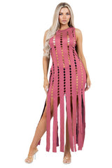 Pink Sleeveless Summer Look Multi-Cut-Off Maxi Dress