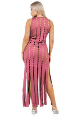 Pink Sleeveless Summer Look Multi-Cut-Off Maxi Dress