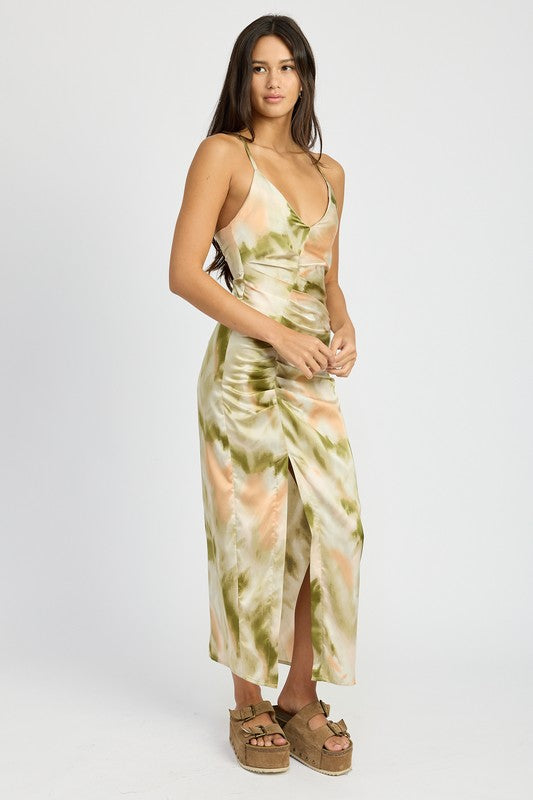 Light Sage Scoop Neck Printed Midi Dress