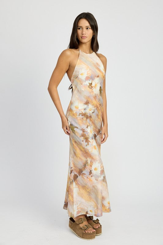 Halter Neck Floral Sleeveless Maxi Dress