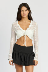 Cropped Lace Cardigan Sweater Top with Ruffle Detail