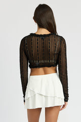 Cropped Lace Cardigan Sweater Top with Ruffle Detail