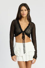 Cropped Lace Cardigan Sweater Top with Ruffle Detail
