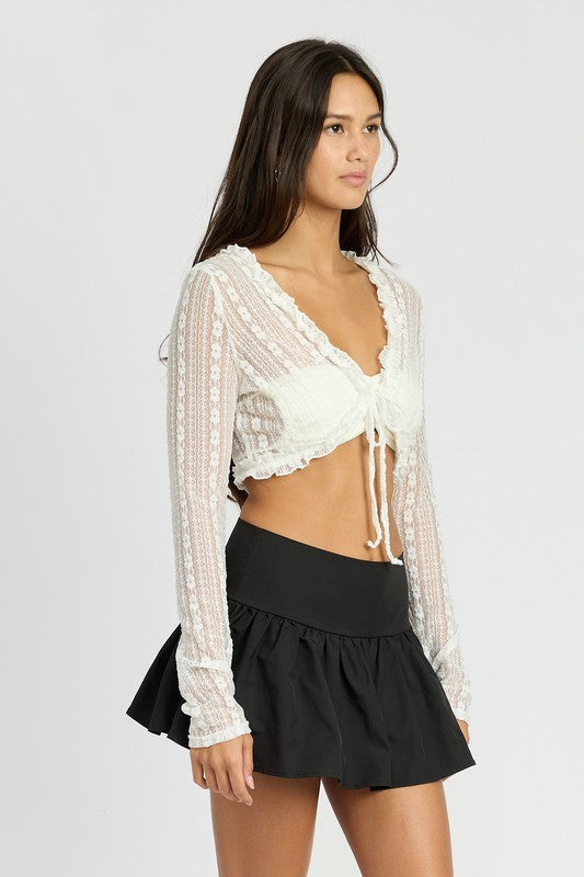 Cropped Lace Cardigan Sweater Top with Ruffle Detail