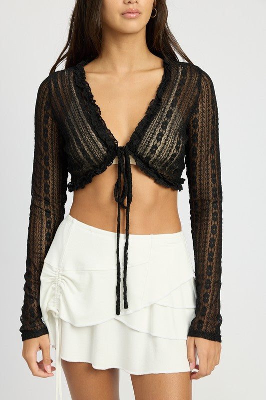 Cropped Lace Cardigan Sweater Top with Ruffle Detail