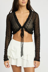 Cropped Lace Cardigan Sweater Top with Ruffle Detail