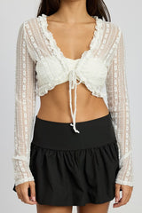 Cropped Lace Cardigan Sweater Top with Ruffle Detail