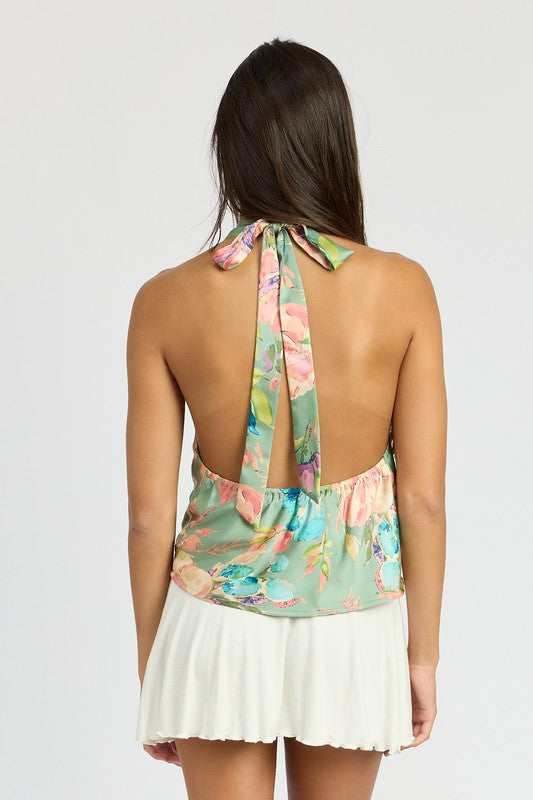 Sage Floral Bias Halter Neck Top