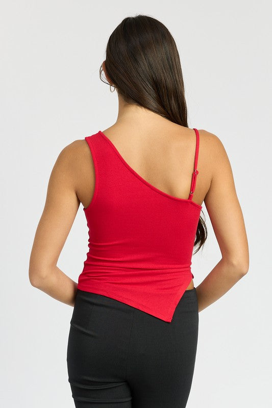 True Red One Shoulder Tie Detail Ruched Top