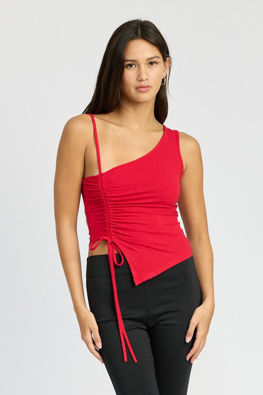 True Red One Shoulder Tie Detail Ruched Top