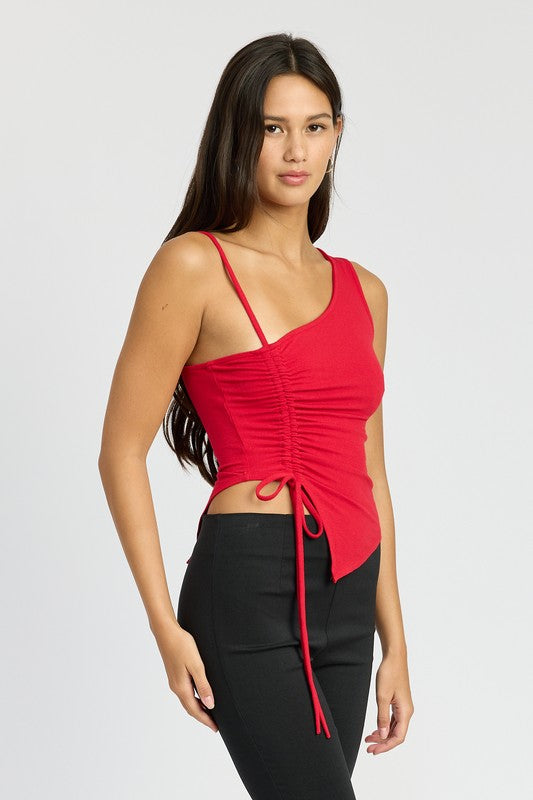 True Red One Shoulder Tie Detail Ruched Top