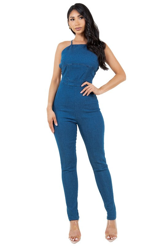 Strip Wrap Neck and Back Look Denim Jumpsuit