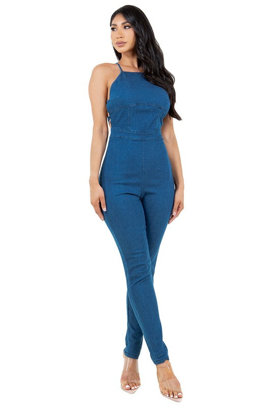 Strip Wrap Neck and Back Look Denim Jumpsuit