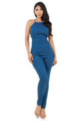 Strip Wrap Neck and Back Look Denim Jumpsuit