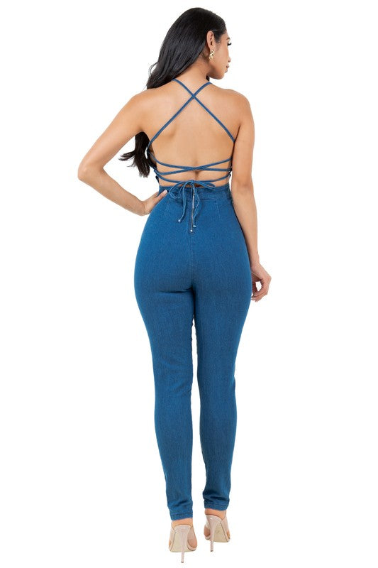 Strip Wrap Neck and Back Look Denim Jumpsuit