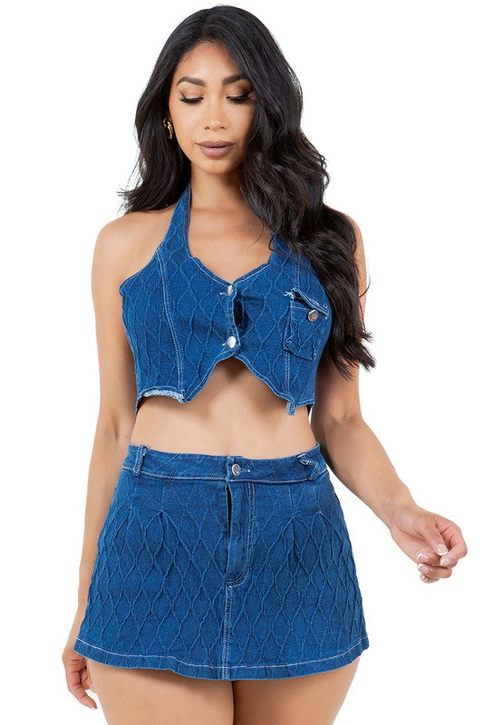 Navy Sleeveless Front Button Up Top & Mini Skirt Set