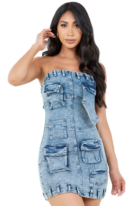 Blue Multi-Pocket Strapless Denim Mini Dress