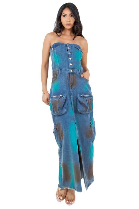 Blue Multi Strapless Fashion Maxi Dress