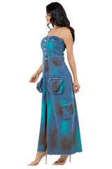 Blue Multi Strapless Fashion Maxi Dress