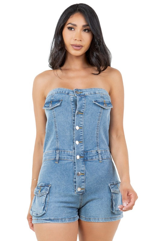 Strapless Front Button Up Romper