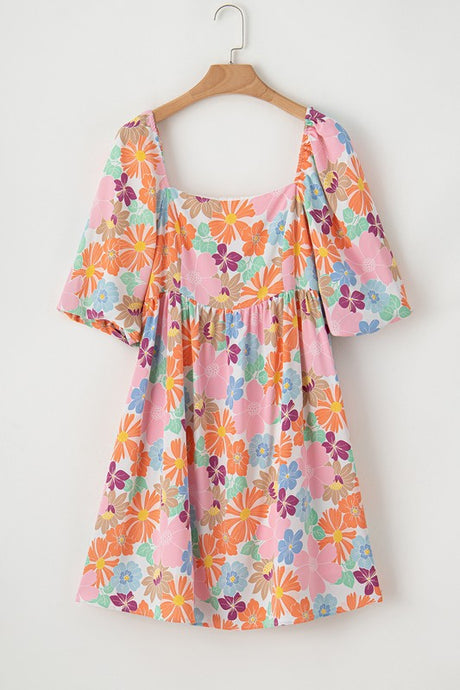 Square Neck Bubble Puff Sleeve Floral Mini Dress