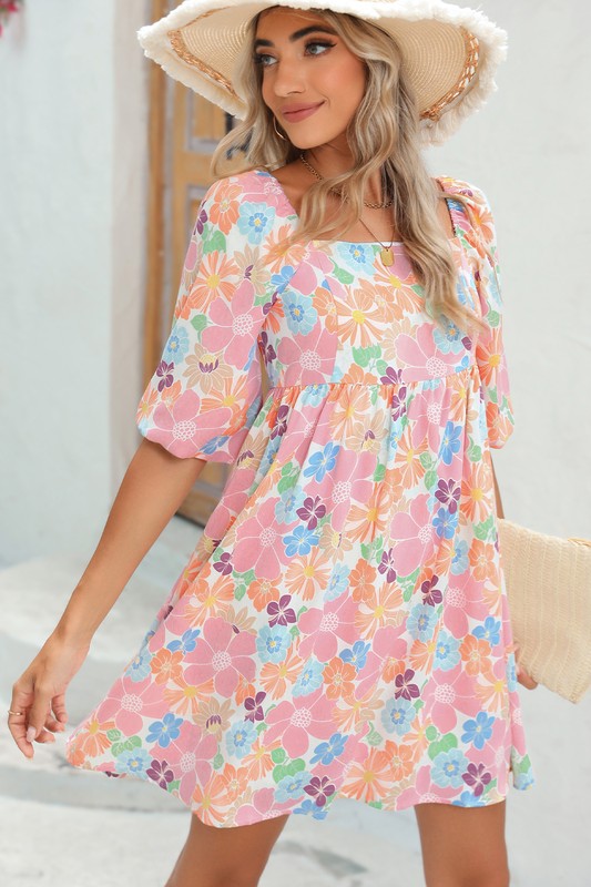 Square Neck Bubble Puff Sleeve Floral Mini Dress