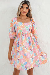 Square Neck Bubble Puff Sleeve Floral Mini Dress
