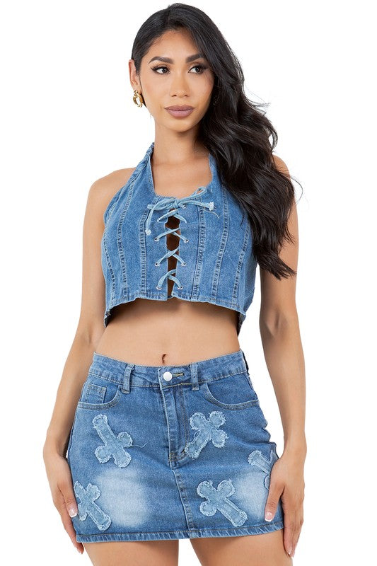 Cropped Lace-Up Top & Mini Skirt Set