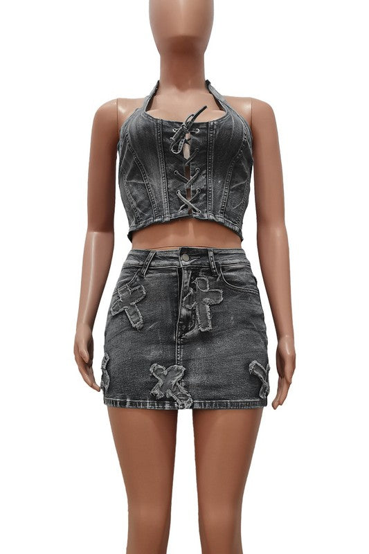 Cropped Lace-Up Top & Mini Skirt Set