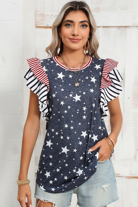 Flag Stripe Ruffle Sleeve Star Shirt USA