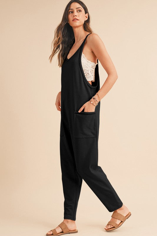 Side Pockets Pants Sleeveless V Neck Jumpsuit