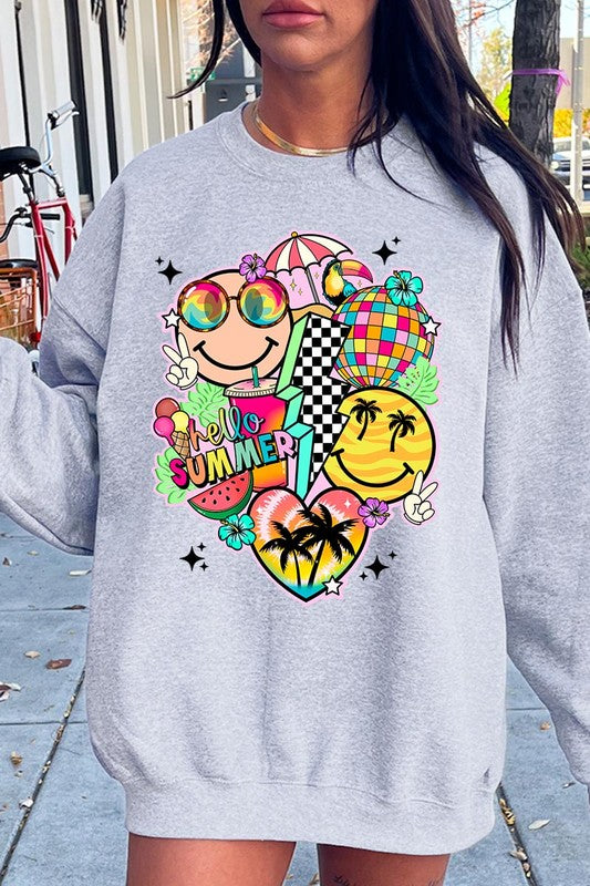 Hello Summer Collage Graphic Fleece Sweatshirts