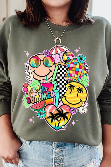 Hello Summer Collage Graphic Fleece Sweatshirts