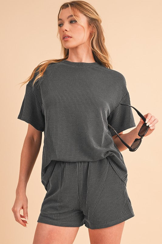 Ribbed Textured Knit Loose Fit Tee and Shorts Set