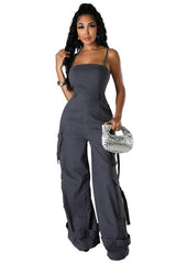 Thin Strap Sleeveless Wide-Leg Cargo Jumpsuit