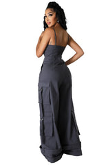 Thin Strap Sleeveless Wide-Leg Cargo Jumpsuit