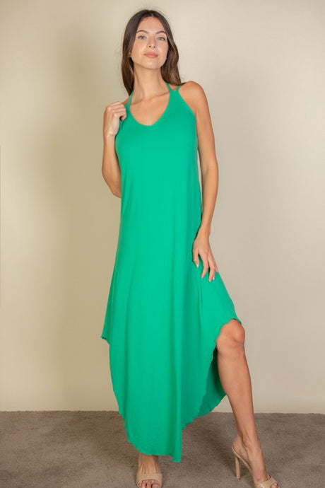 Button Front Tie Waist Sleeveless Maxi Dress