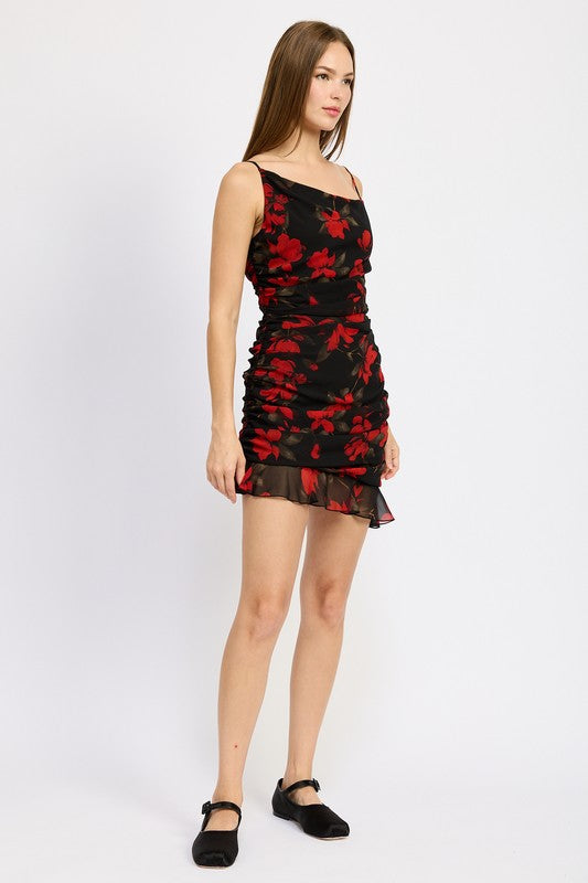 Ruched Asymmetrical Neck Dress with Ruffle Detail