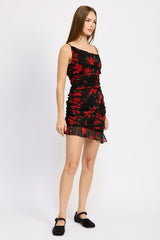 Ruched Asymmetrical Neck Dress with Ruffle Detail